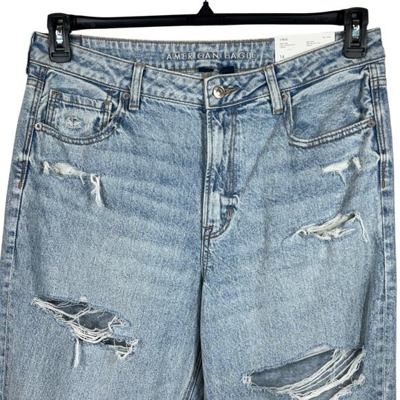 American Eagle SZ 14 Strigid Mom Jeans Super Hi-Rise Distressed Rips Frayed Hems - Picture 2 of 16